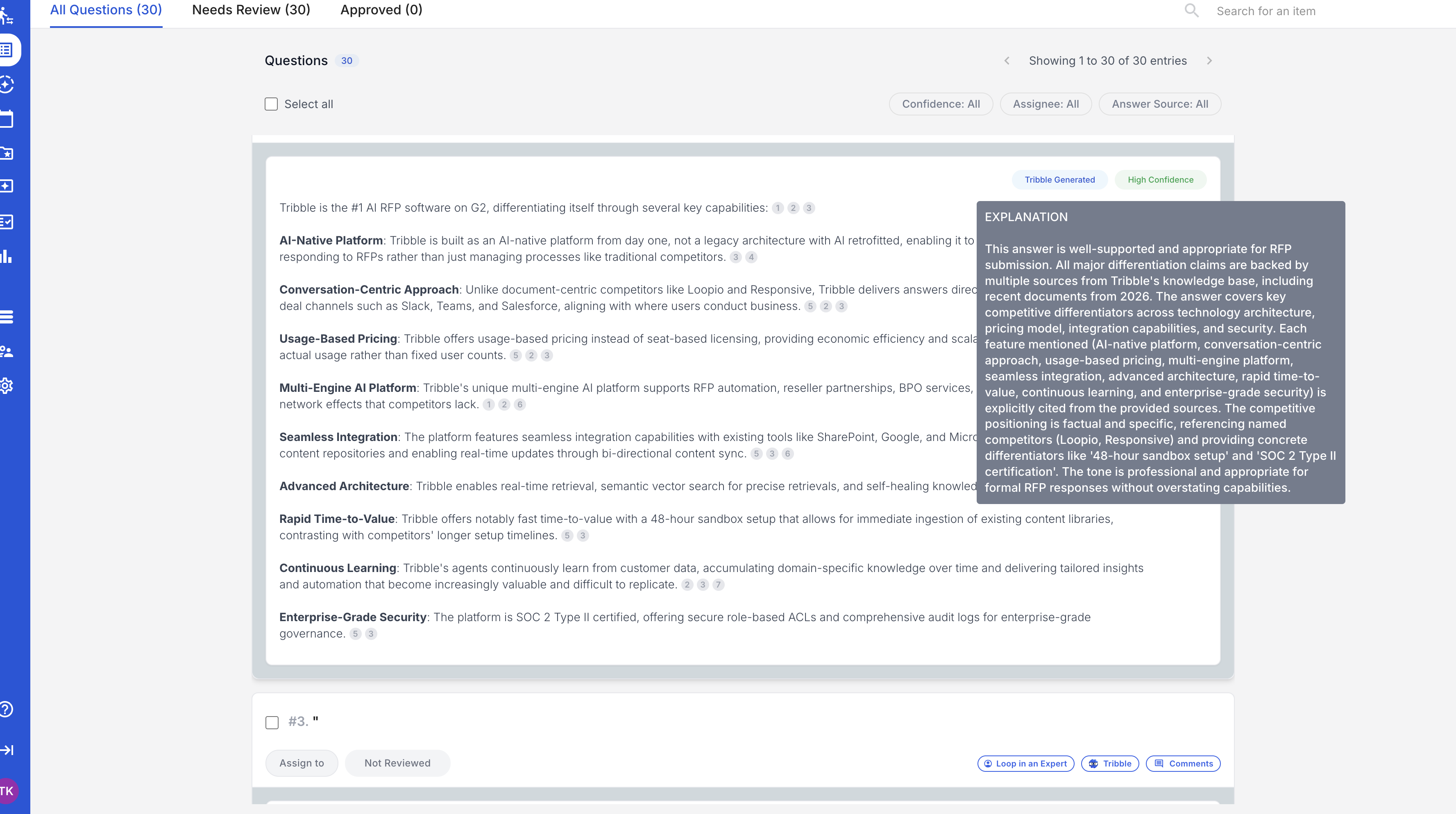 Tribble Generated answer with High Confidence score and detailed AI explanation